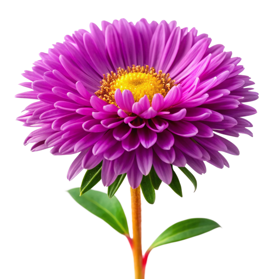 Closeup of a vibrant purple aster flower with yellow center and green leaves on a black background png