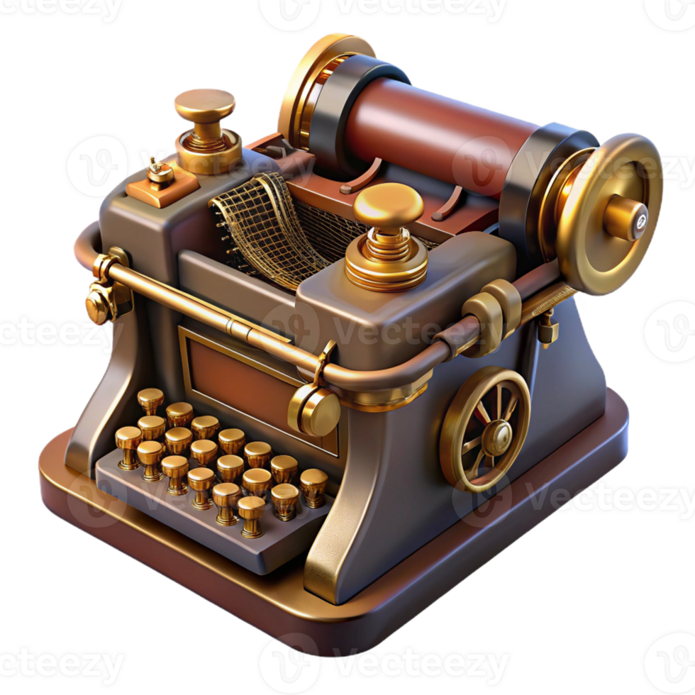 impressive modern A steampunk typewriter, intricate keys and levers, brass and wood casing, brightly lit, realistic style detailed png