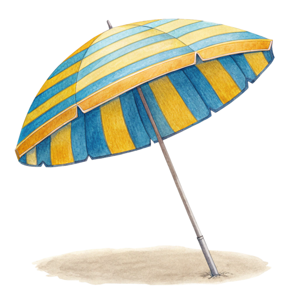 A Watercolor Painting of a Yellow and Blue Striped Beach Umbrella Planted in the Sand png