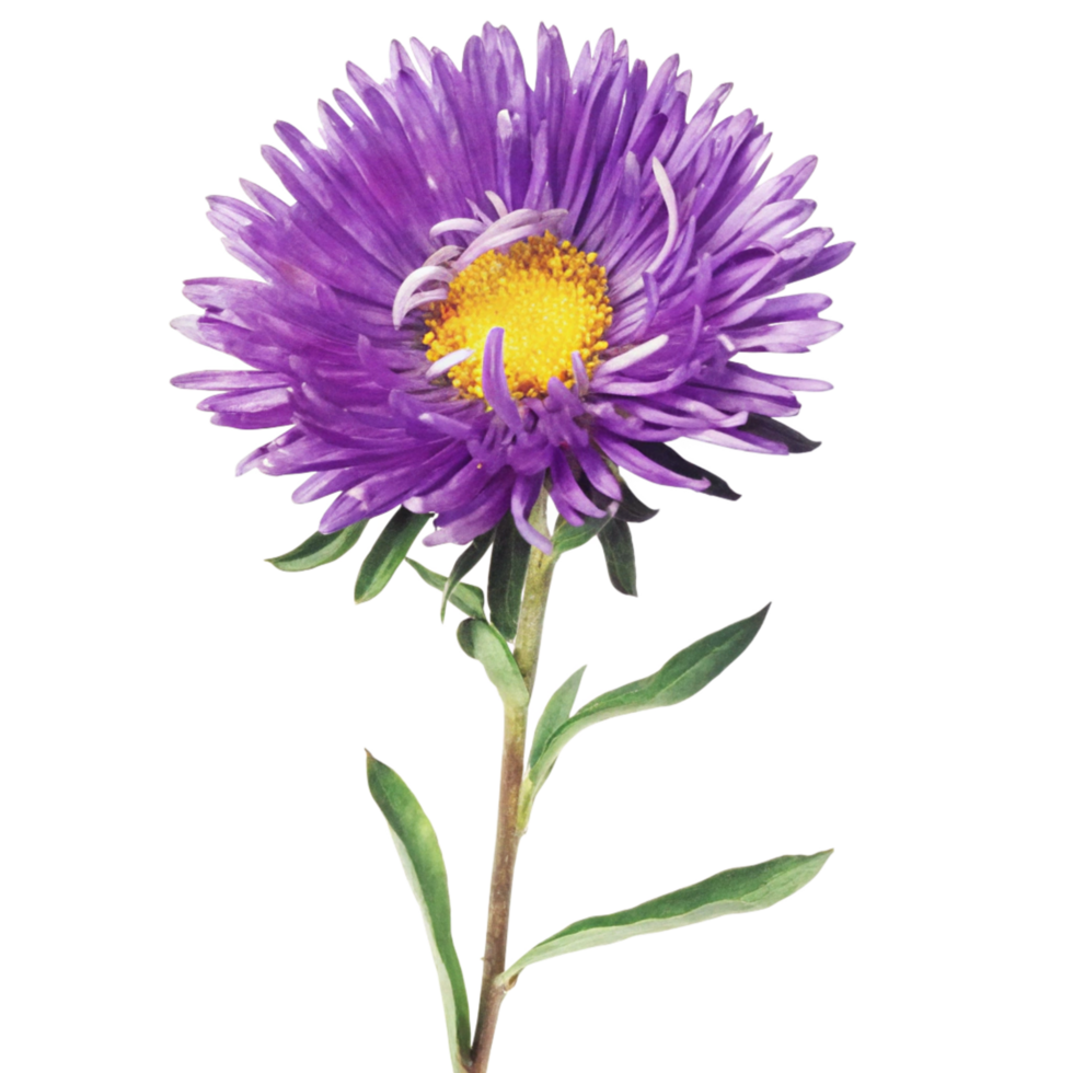 Closeup of a Single Purple Aster Flower with Green Leaves on Black Background png