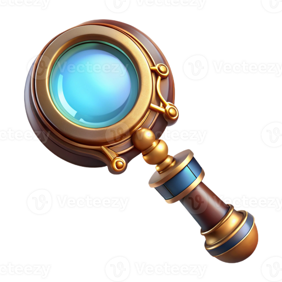 elegant traditional A steampunk magnifying glass, ornate brass handle, intricate lens casing, brightly lit, vintage style exclusive png