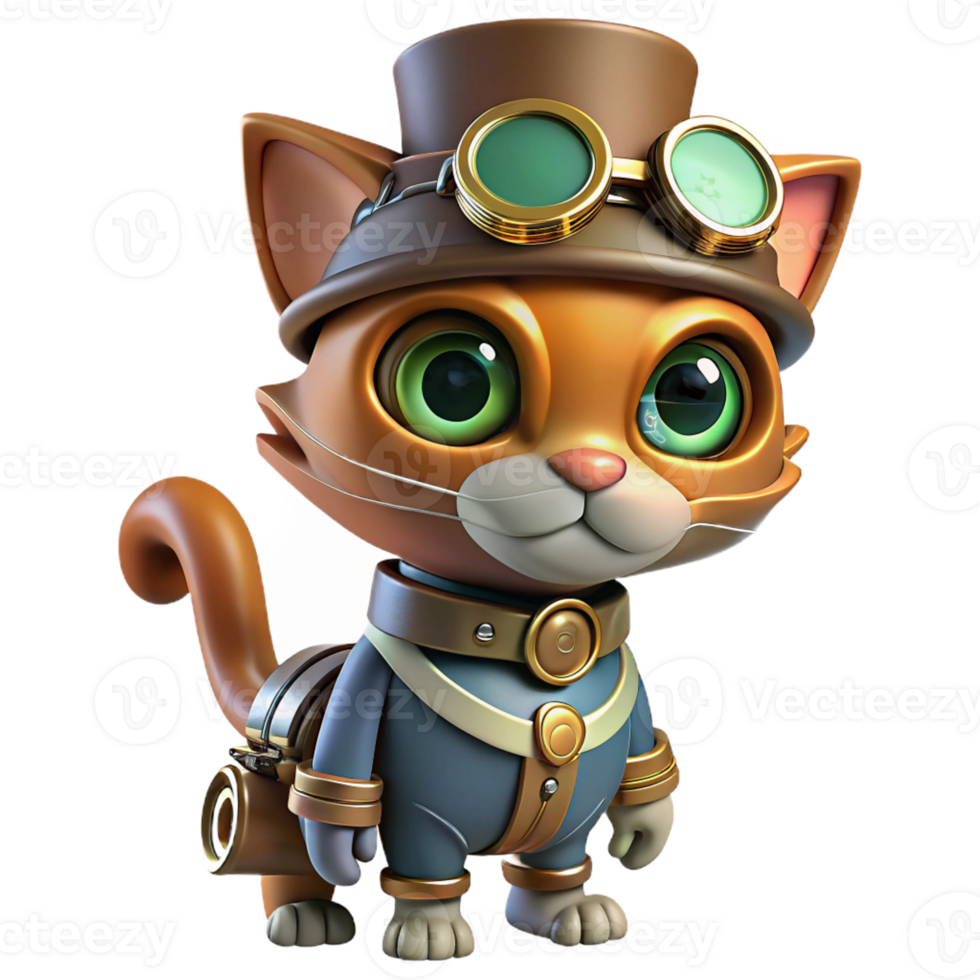 impressive creative A steampunk cat, wearing a small top hat and goggles, robotic enhancements, brightly lit, whimsical style premium png