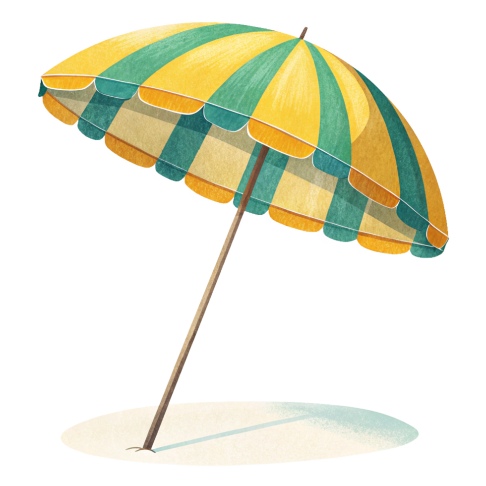 A yellow and teal striped beach umbrella planted in the sand on a sunny day png