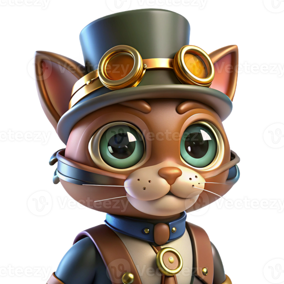dramatic rustic A steampunk cat, wearing a small top hat and goggles, robotic enhancements, brightly lit, whimsical style genuine png