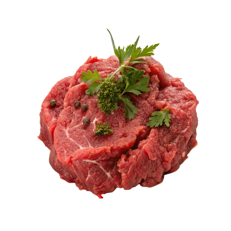 Closeup of a Raw Beef Steak Garnished with Fresh Parsley and Peppercorns png