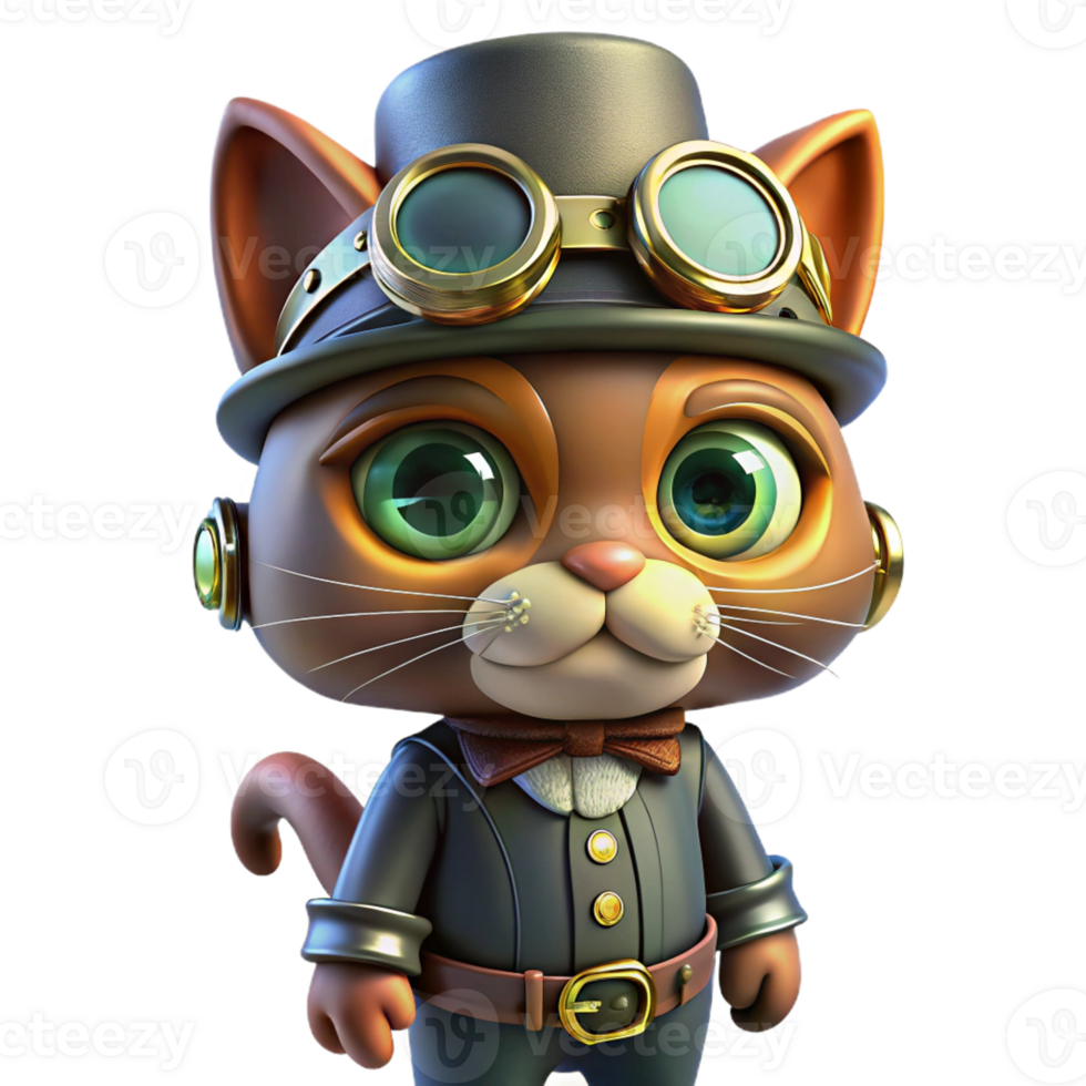 dramatic artistic A steampunk cat, wearing a small top hat and goggles, robotic enhancements, brightly lit, whimsical style premium png
