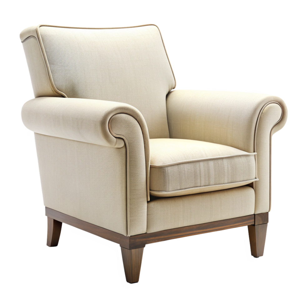 Elegant Beige Armchair with Rolled Arms and Dark Wood Legs a Comfortable and Stylish Addition to Any Living Room png