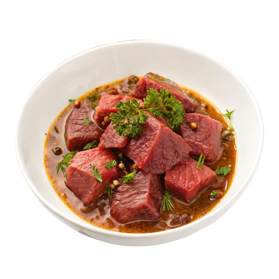 Delicious Beef Stew in a White Bowl with Fresh Herbs png