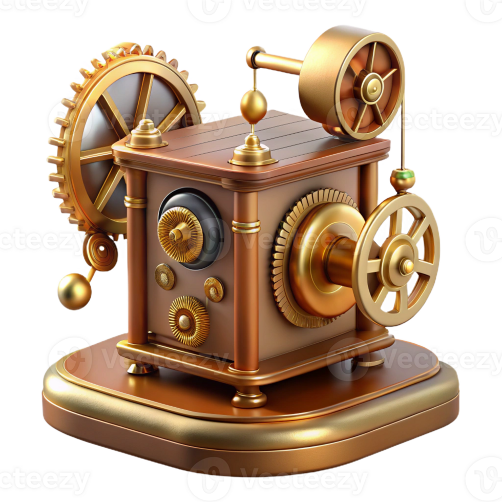 stunning classic A steampunk music box, intricate gears and levers, playing a melancholic melody, softly lit, antique style genuine png