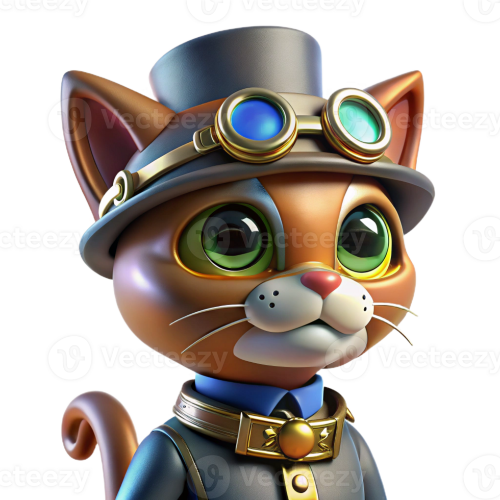 dramatic abstract A steampunk cat, wearing a small top hat and goggles, robotic enhancements, brightly lit, whimsical style high quality png