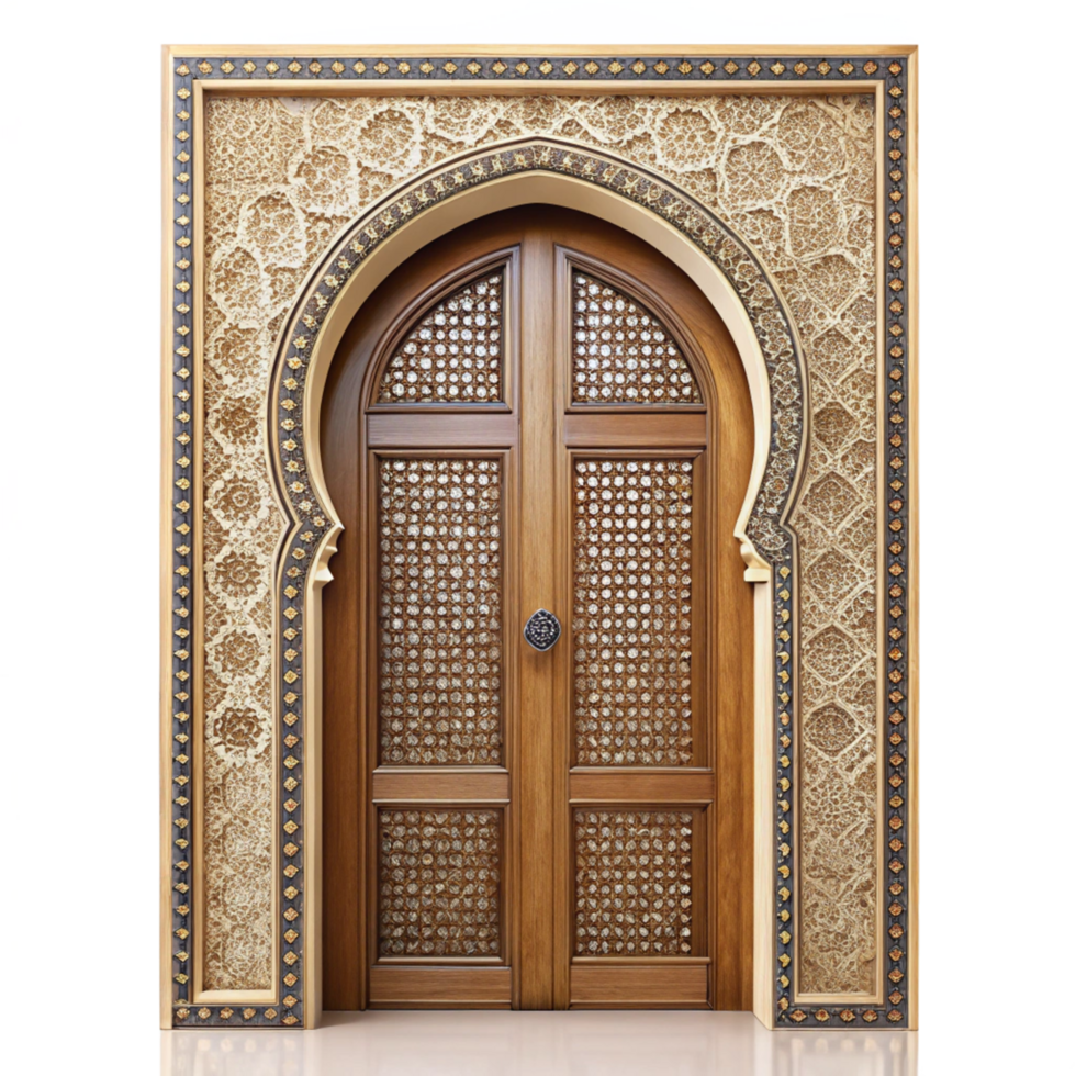 Ornate Wooden Doors with Intricate Archway and Decorative Frame png
