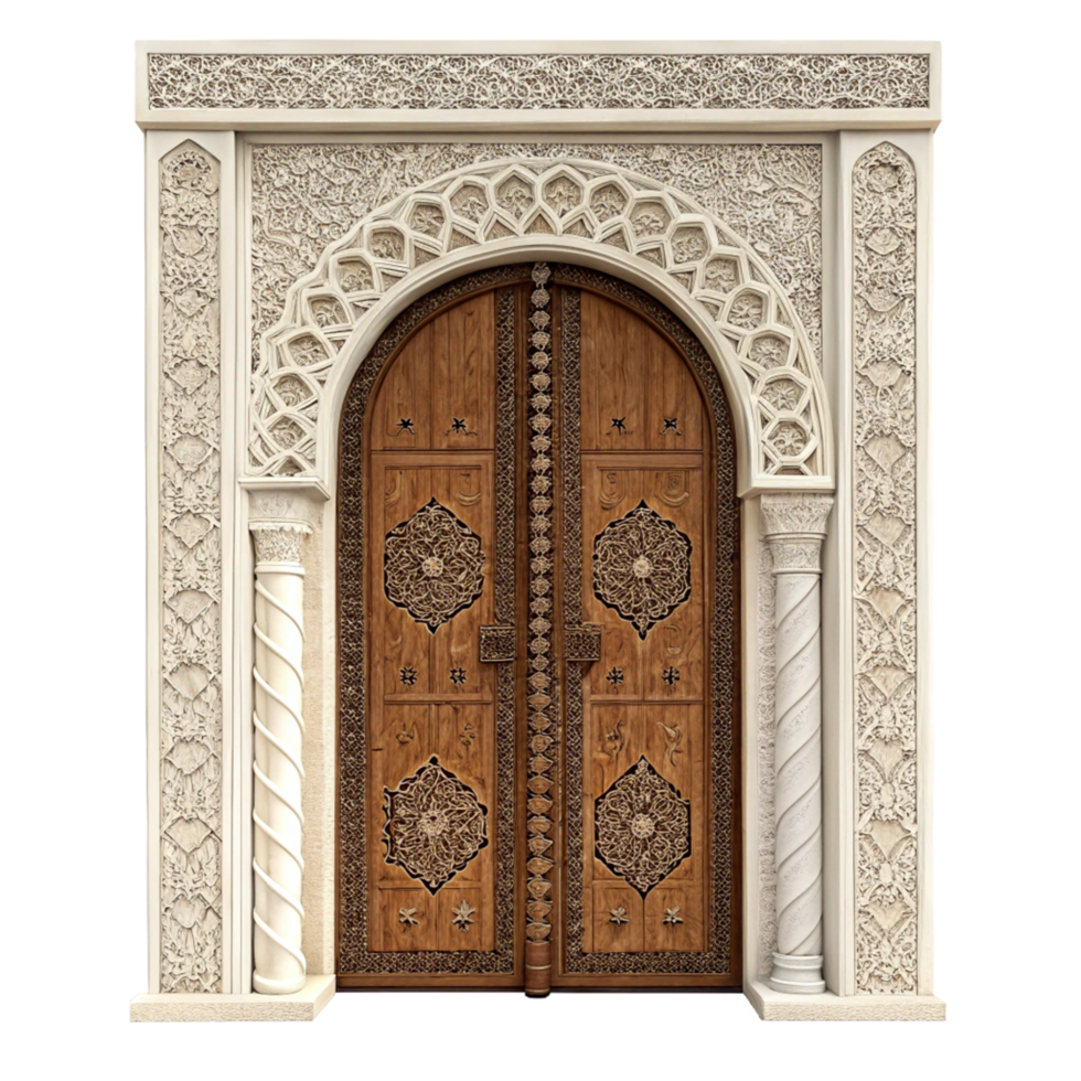 Ornate Wooden Doors with Intricate Carving in an Archway with Stone Pillars png
