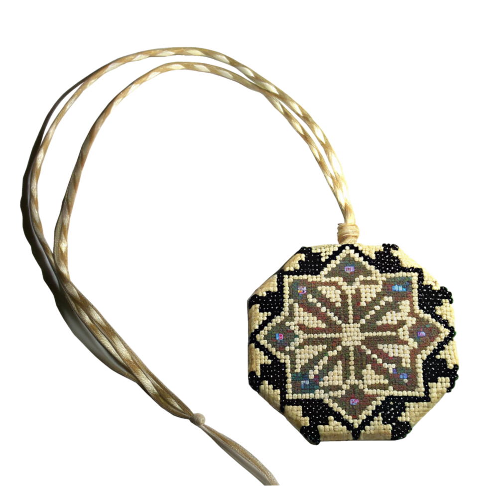 Beautiful handmade octagonal beaded necklace with intricate floral pattern png
