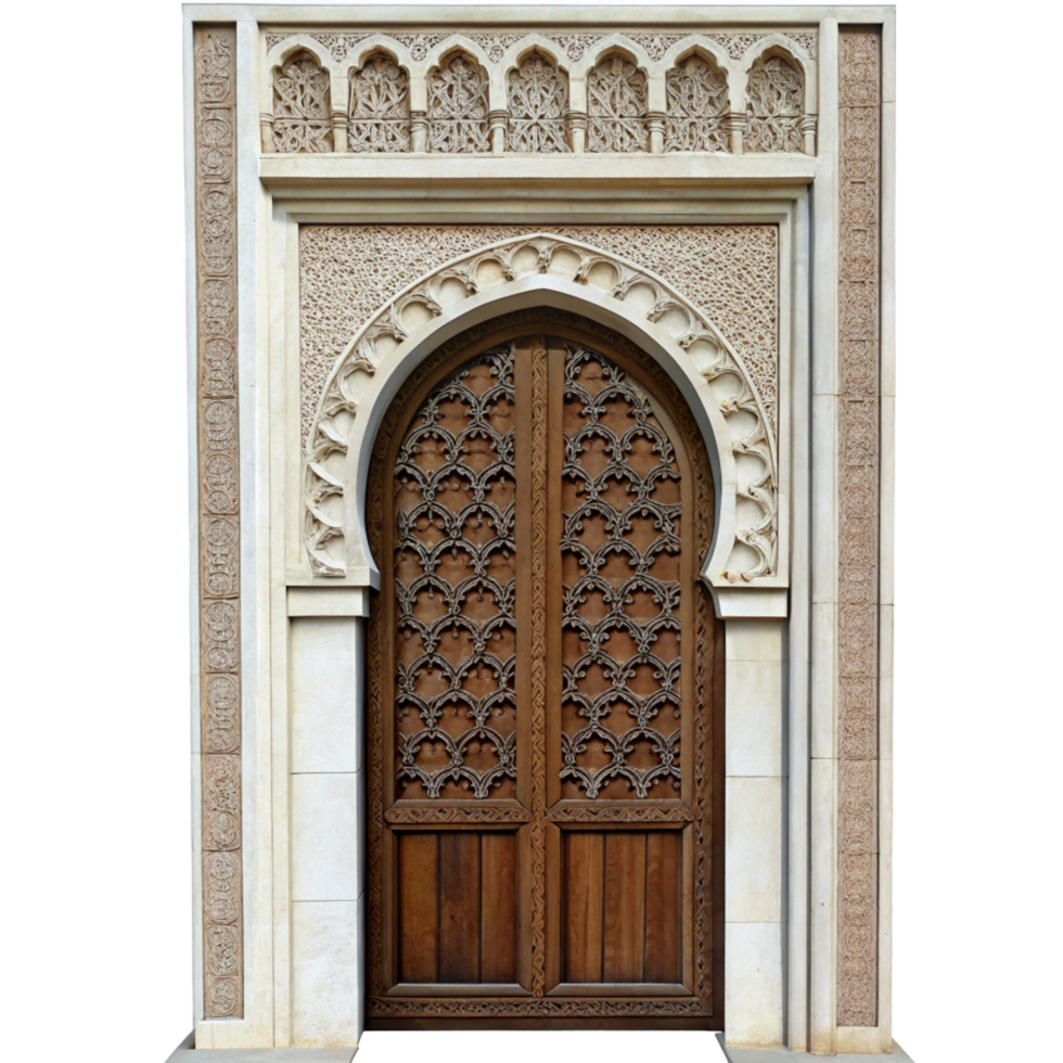 Ornate Wooden Doorway with Intricate Stone Carving in a Moorish Architectural Style png