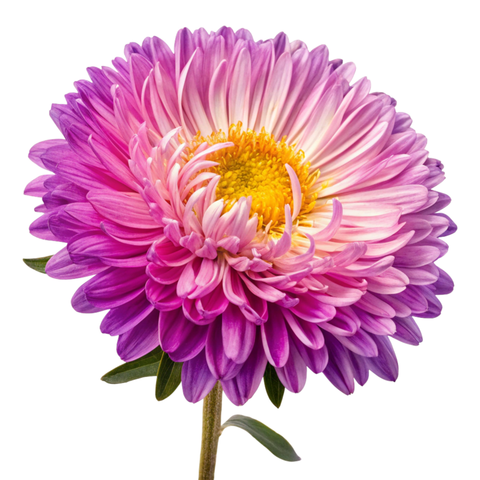Closeup view of a vibrant purple and pink aster flower with a bright yellow center against a black background png