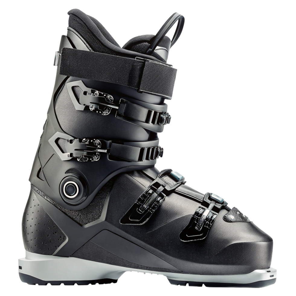 HighPerformance Black Ski Boot with Modern Design and Multiple Buckles png