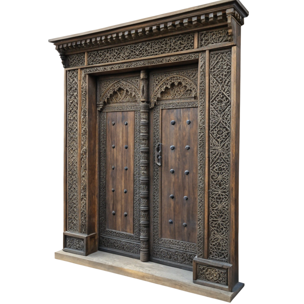 Ornate Carved Wooden Doorway with Intricate Detailing and Architectural Design png