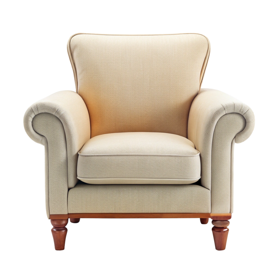 Elegant Beige Armchair with Rolled Arms and Turned Wooden Legs Classic Style Comfortable Furniture png