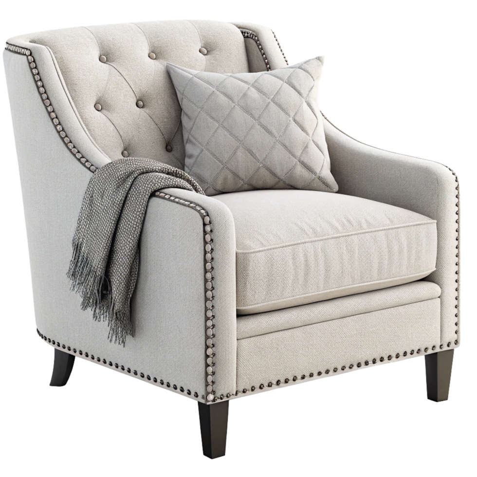 Elegant Light Beige Upholstered Armchair with Nailhead Trim and Throw Blanket png