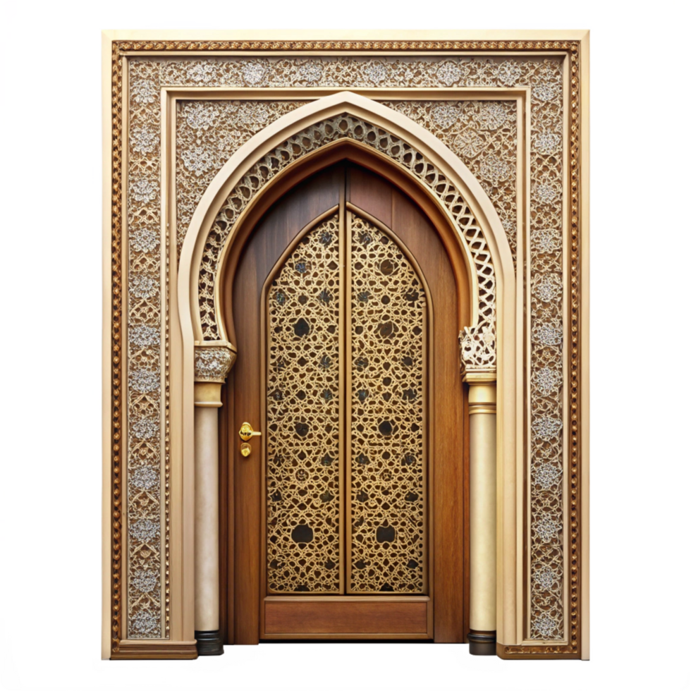 Ornate Wooden Door with Intricate Islamic Arch and Carving png