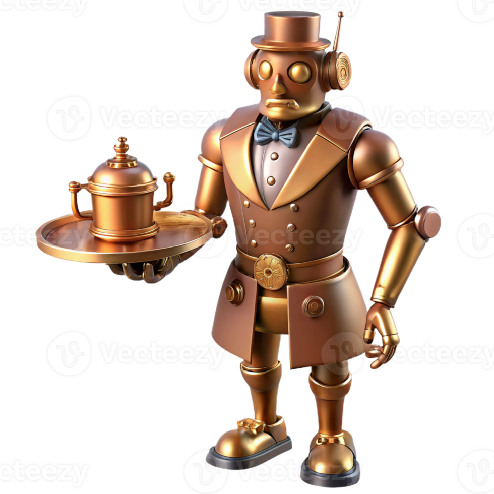 serene abstract A steampunk robot butler, polished brass and copper body, serving tea, softly lit, whimsical style high quality png