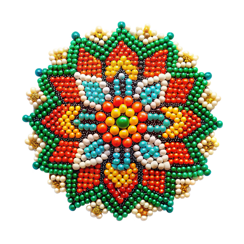 Stunning Colorful Beaded Mandala Artwork in Vibrant Green Red Orange Yellow and Teal png
