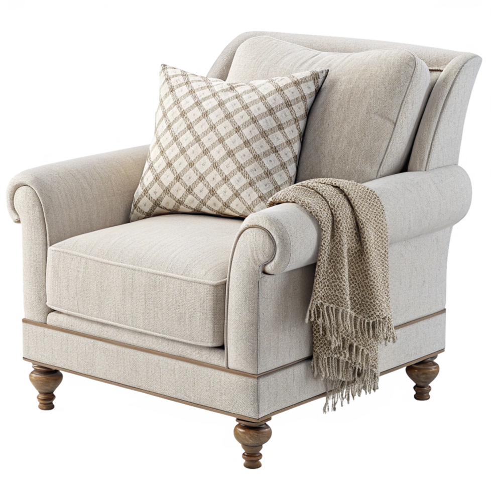 Elegant Beige Upholstered Armchair with Wooden Legs and Throw Blanket png