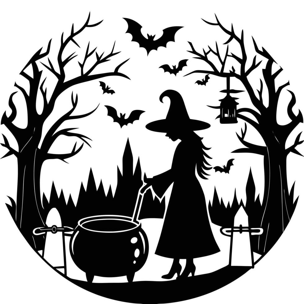 Mysterious Witch s Silhouette by a Cauldron in a Dark and Eerie Forest vector