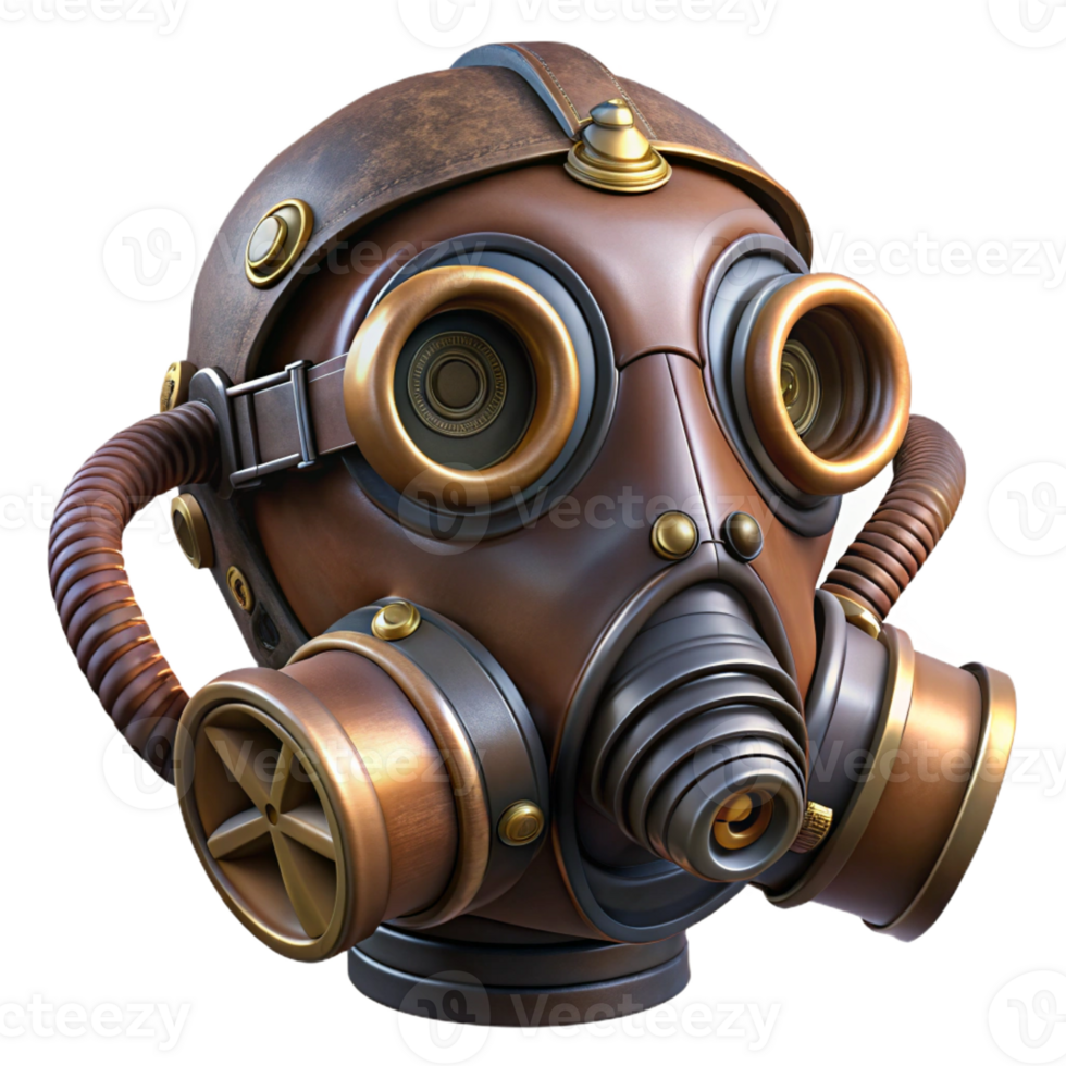 impressive contemporary A steampunk gas mask, intricate filters and valves, leather straps, dimly lit, post-apocalyptic style detailed png