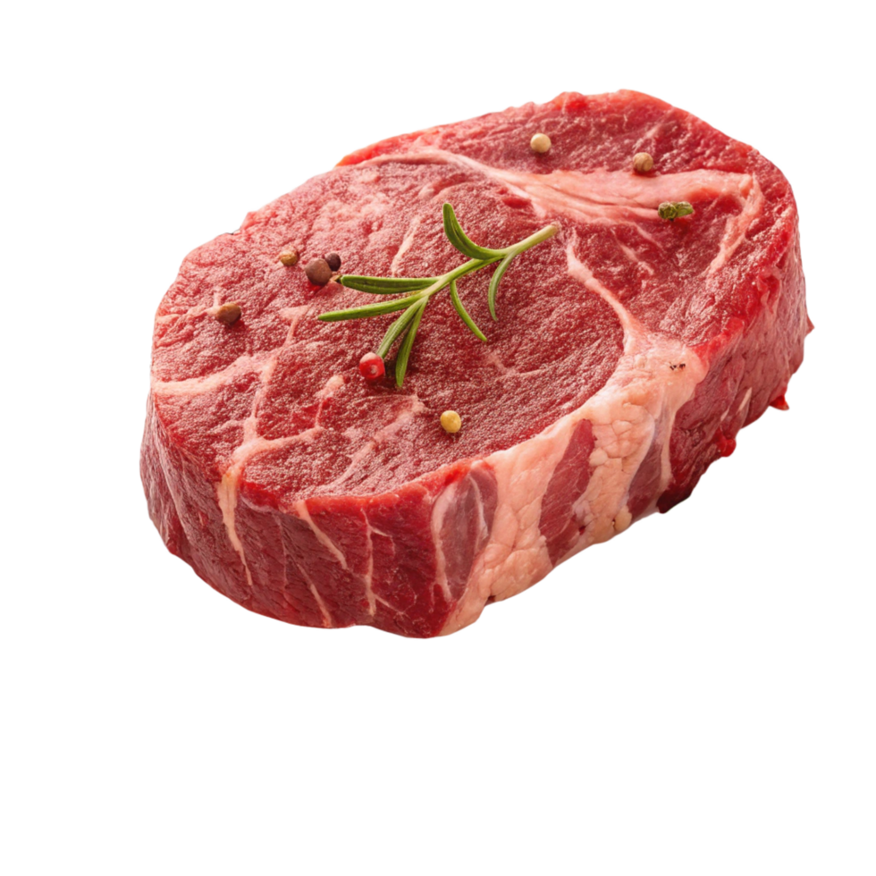 A Single Raw Beef Steak Ready for Grilling Seasoned with Rosemary and Peppercorns png