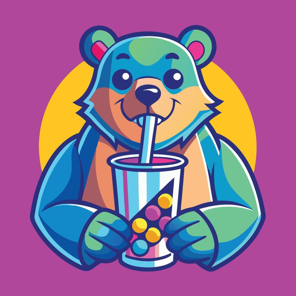 Cute Cartoon Bear Holding a Boba Tea with Vibrant Gradient Colors vector