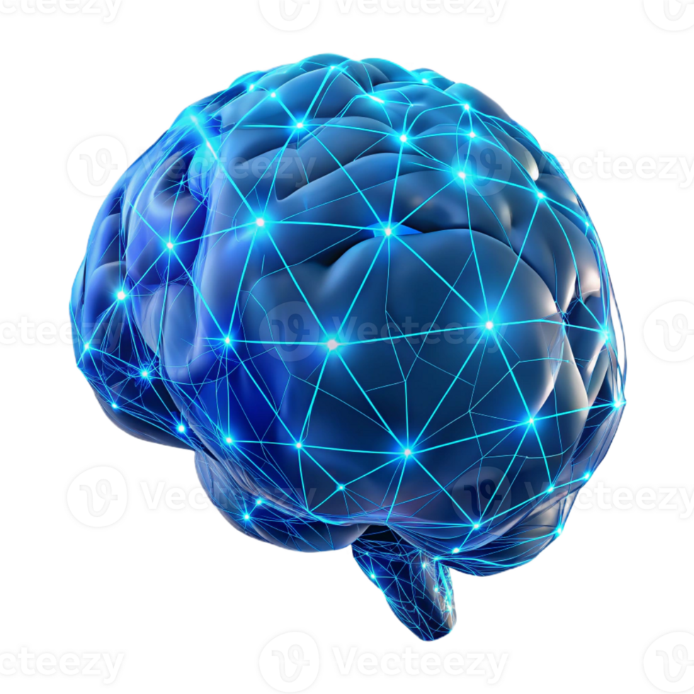 serene creative A holographic projection of a human brain, intricately detailed with neural pathways illuminated by pulsing blue light, in a low-poly, wireframe style high quality png