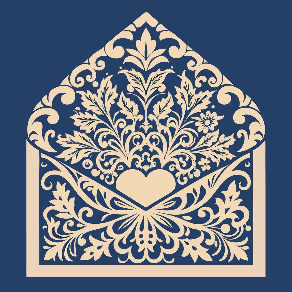 Elegant Laser Cut Wedding Envelope Template with Damask Pattern vector