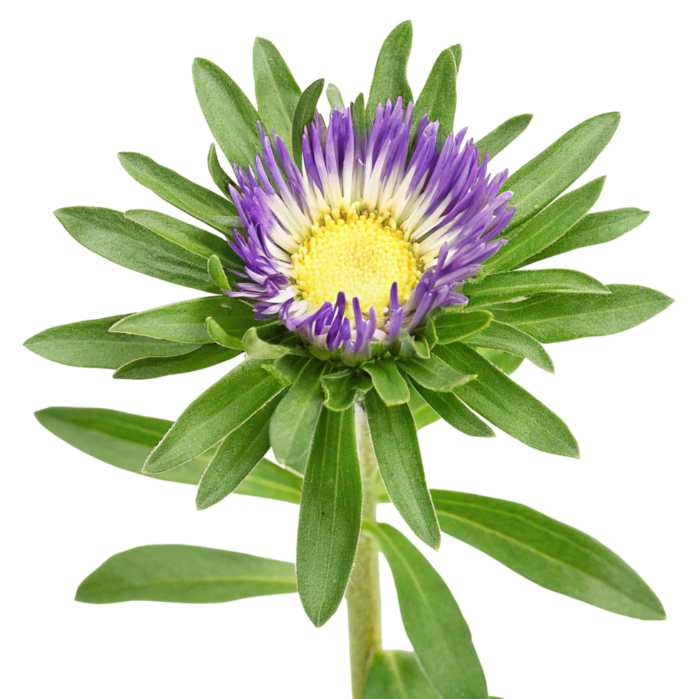 Closeup of a Stunning Purple and Yellow Aster Flower with Vibrant Green Leaves png