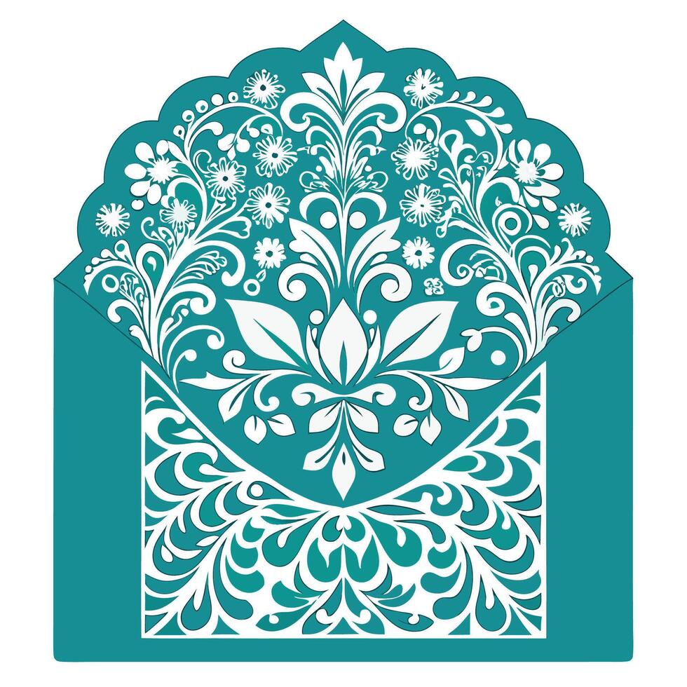 Elegant Wedding Tri Fold Envelope with Intricate Damask Lace Cutouts vector