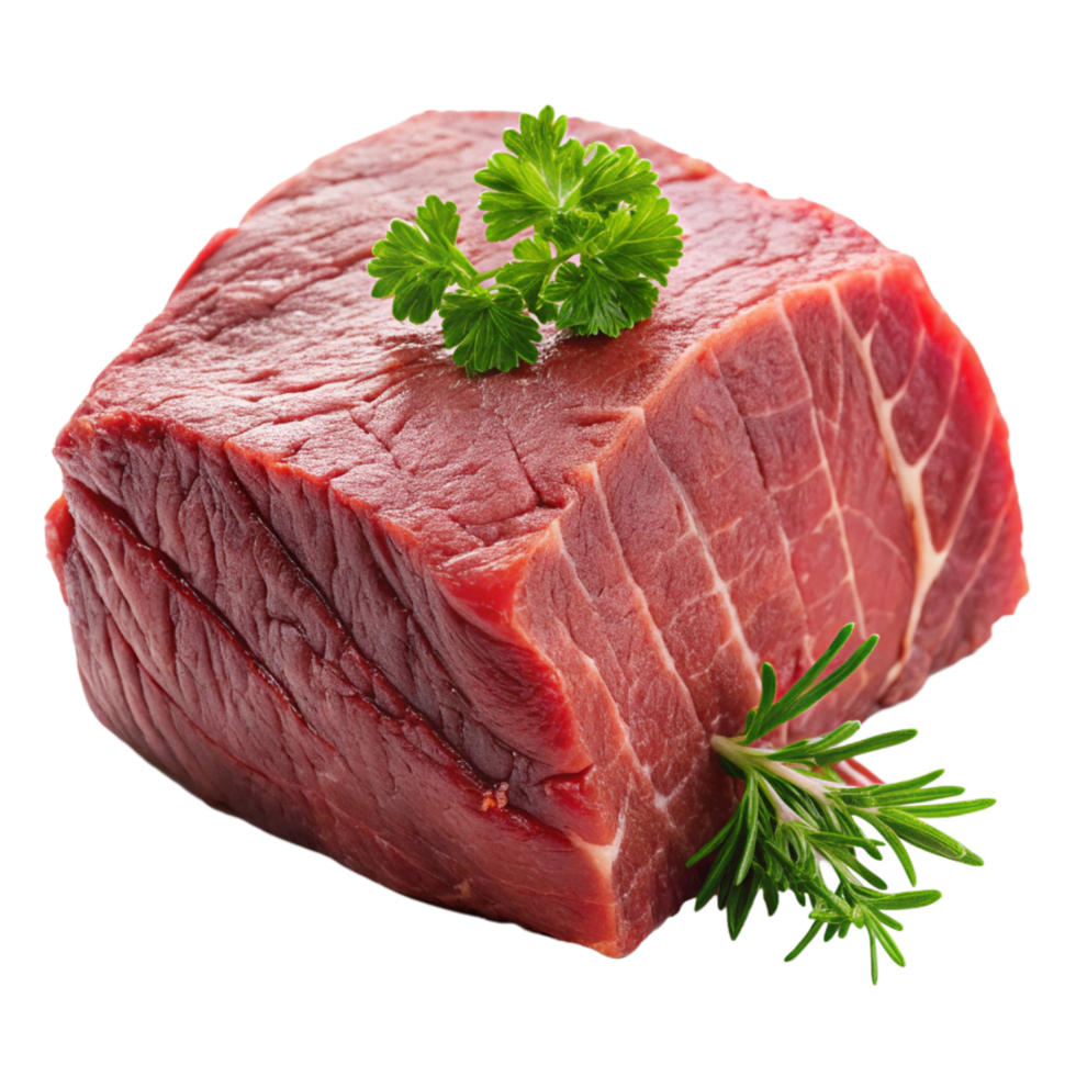 A succulent piece of raw beef steak garnished with fresh parsley and rosemary png