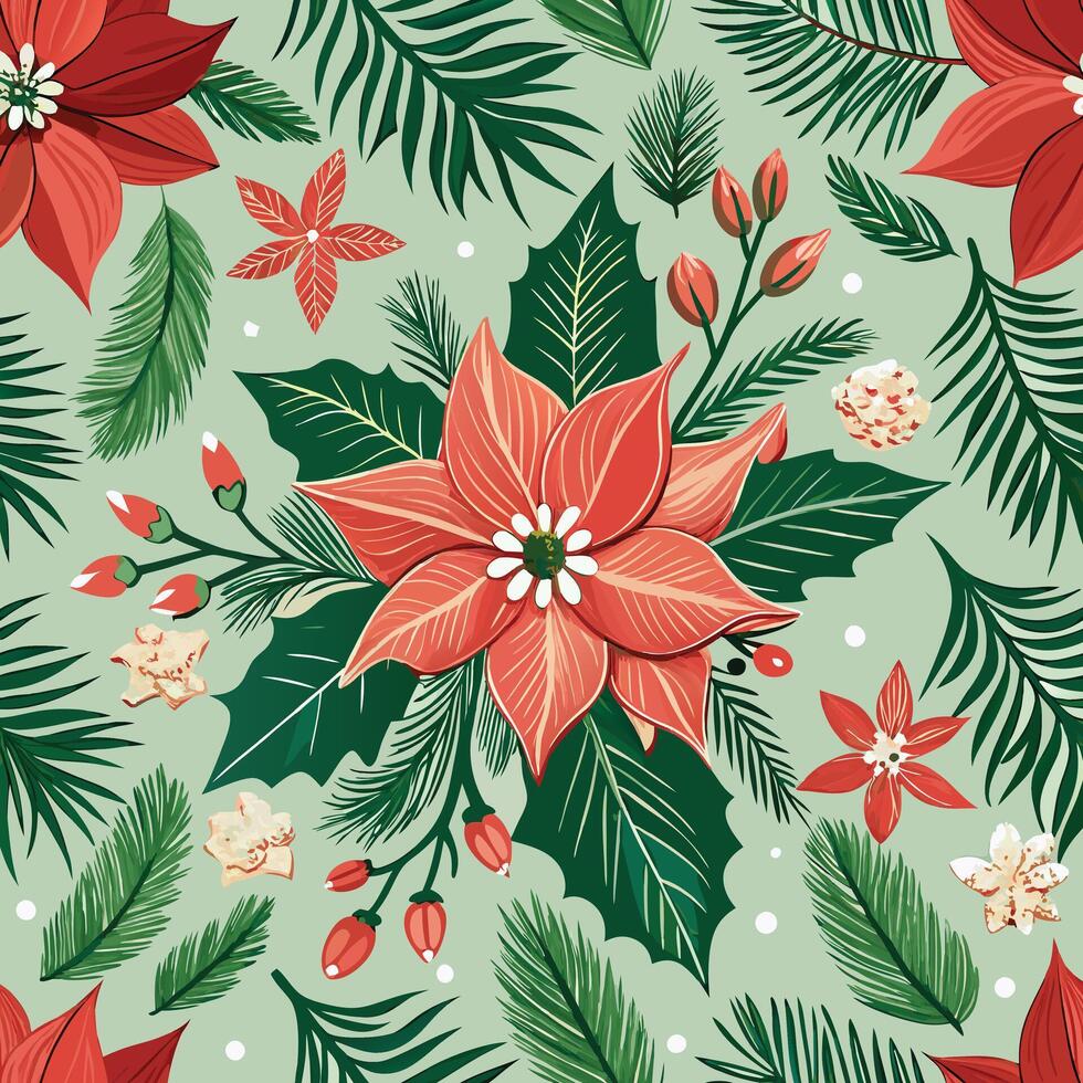 Wintery Seamless Pattern Featuring Poinsettia Flowers and Pine Branches vector