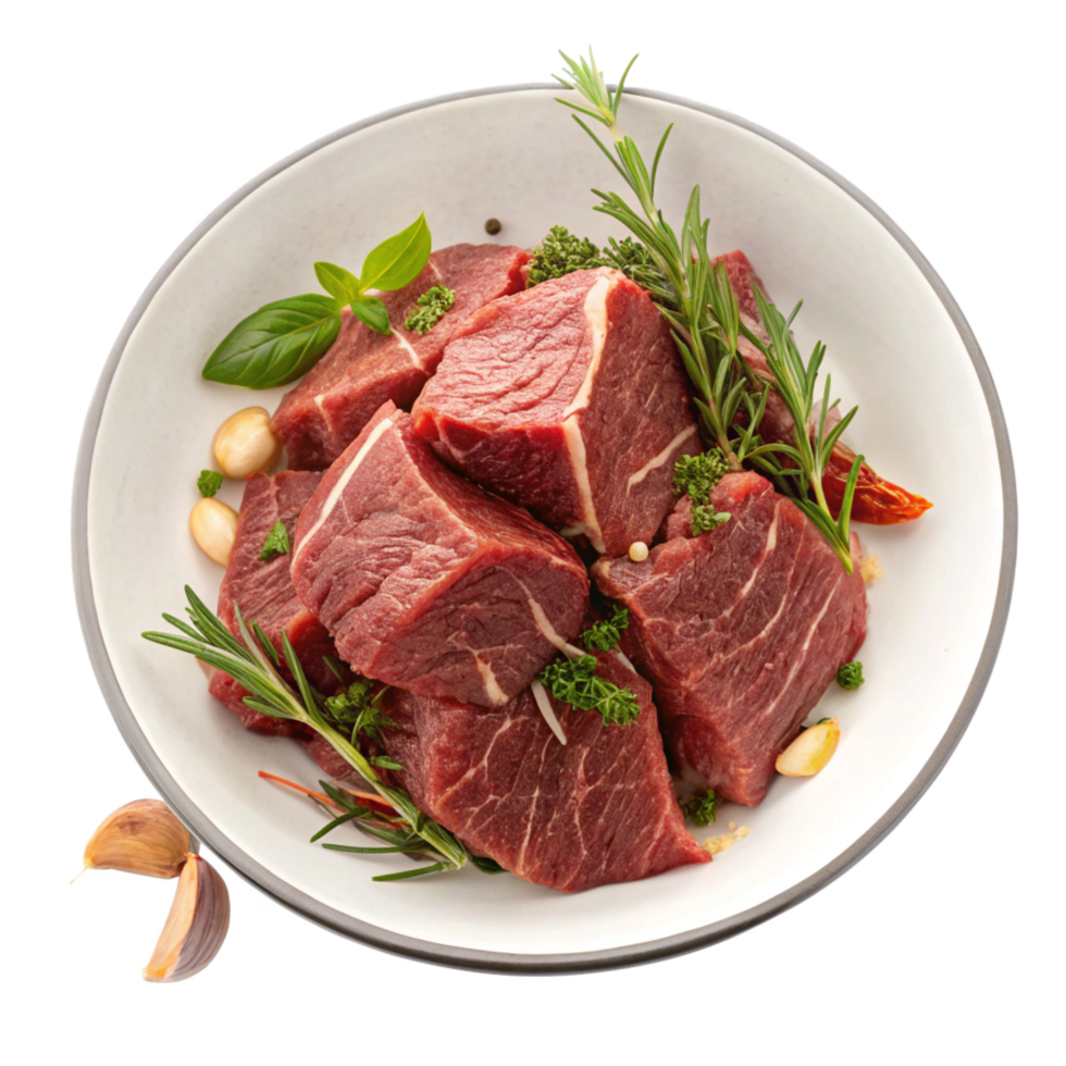 Raw Beef Cubes with Herbs and Garlic Ready for Cooking png