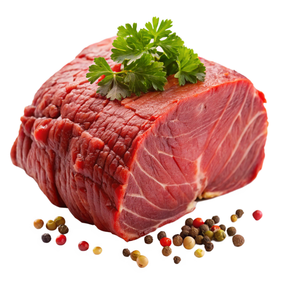 Closeup of a succulent red meat roast garnished with fresh parsley and peppercorns png