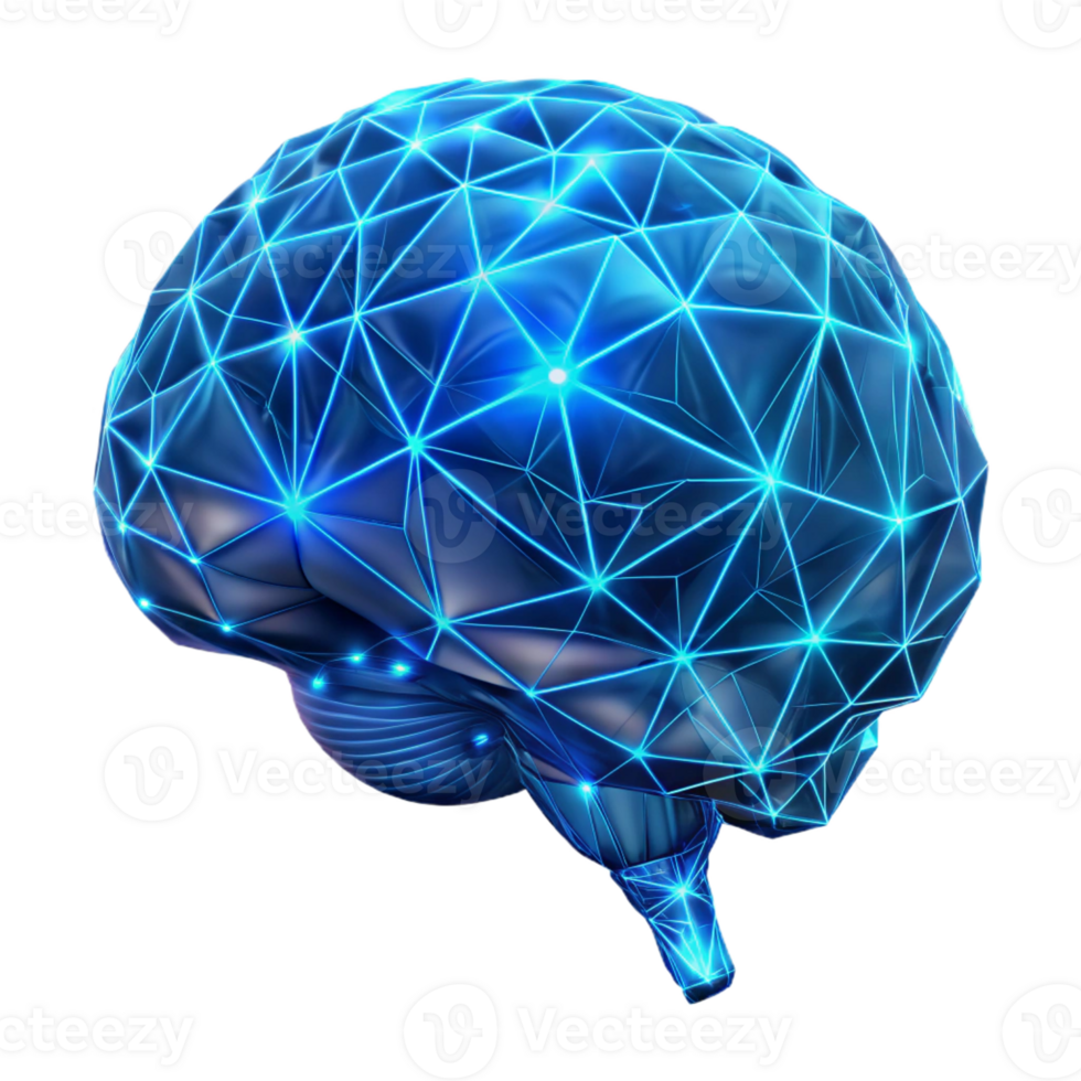 dramatic modern A holographic projection of a human brain, intricately detailed with neural pathways illuminated by pulsing blue light, in a low-poly, wireframe style premium png
