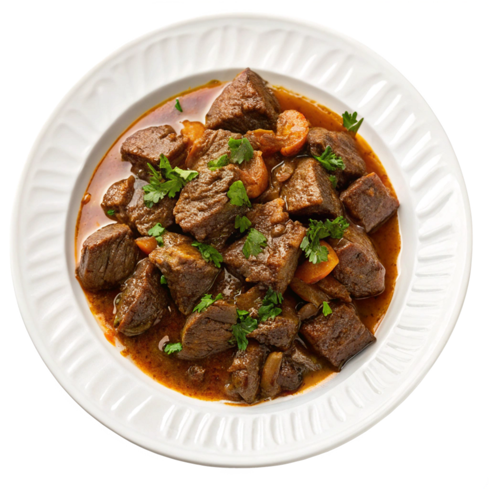 Delicious Beef Stew Recipe with Carrots and Parsley in a Rich Brown Sauce png