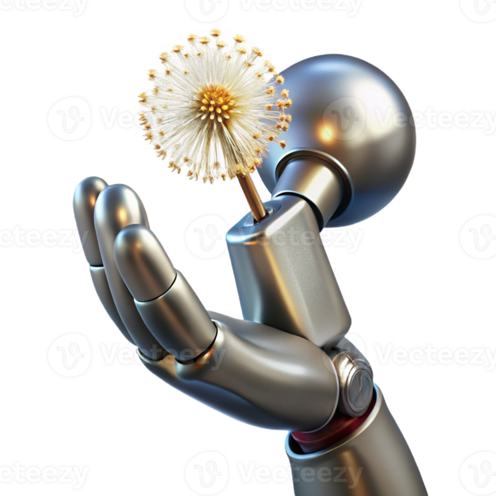 vibrant traditional A chrome robotic hand delicately holding a single dandelion seed, lit by a soft, warm, Rembrandt light 4K png