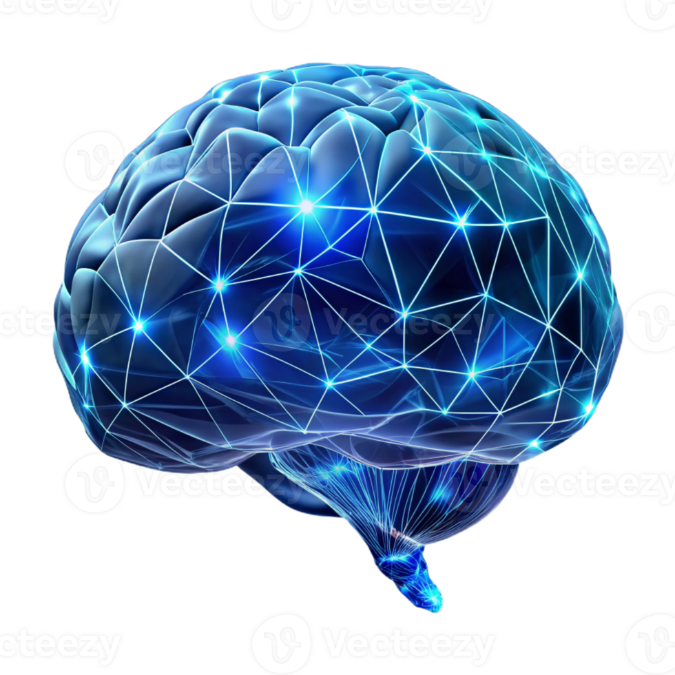 magnificent vintage A holographic projection of a human brain, intricately detailed with neural pathways illuminated by pulsing blue light, in a low-poly, wireframe style 4K png