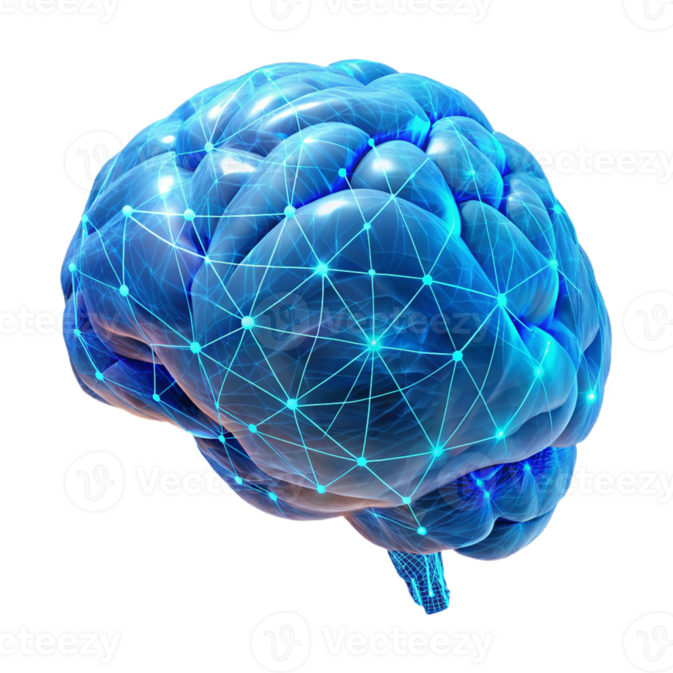 serene abstract A holographic projection of a human brain, intricately detailed with neural pathways illuminated by pulsing blue light, in a low-poly, wireframe style original png