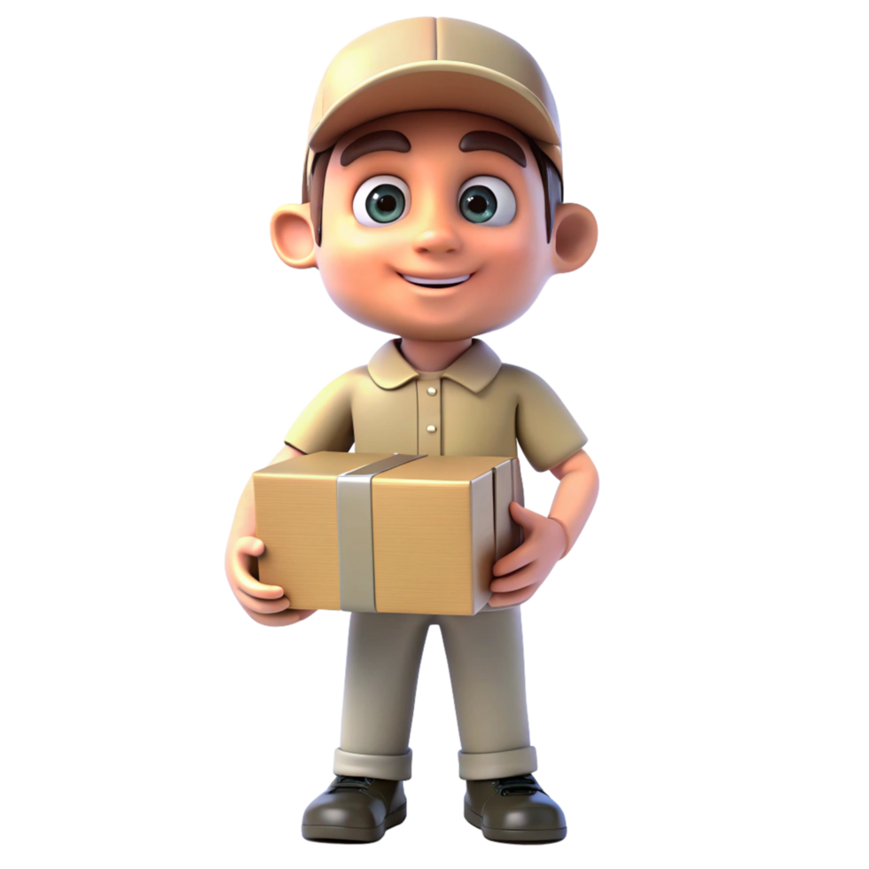 Adorable 3D Render of a Young Delivery Boy Holding a Package png