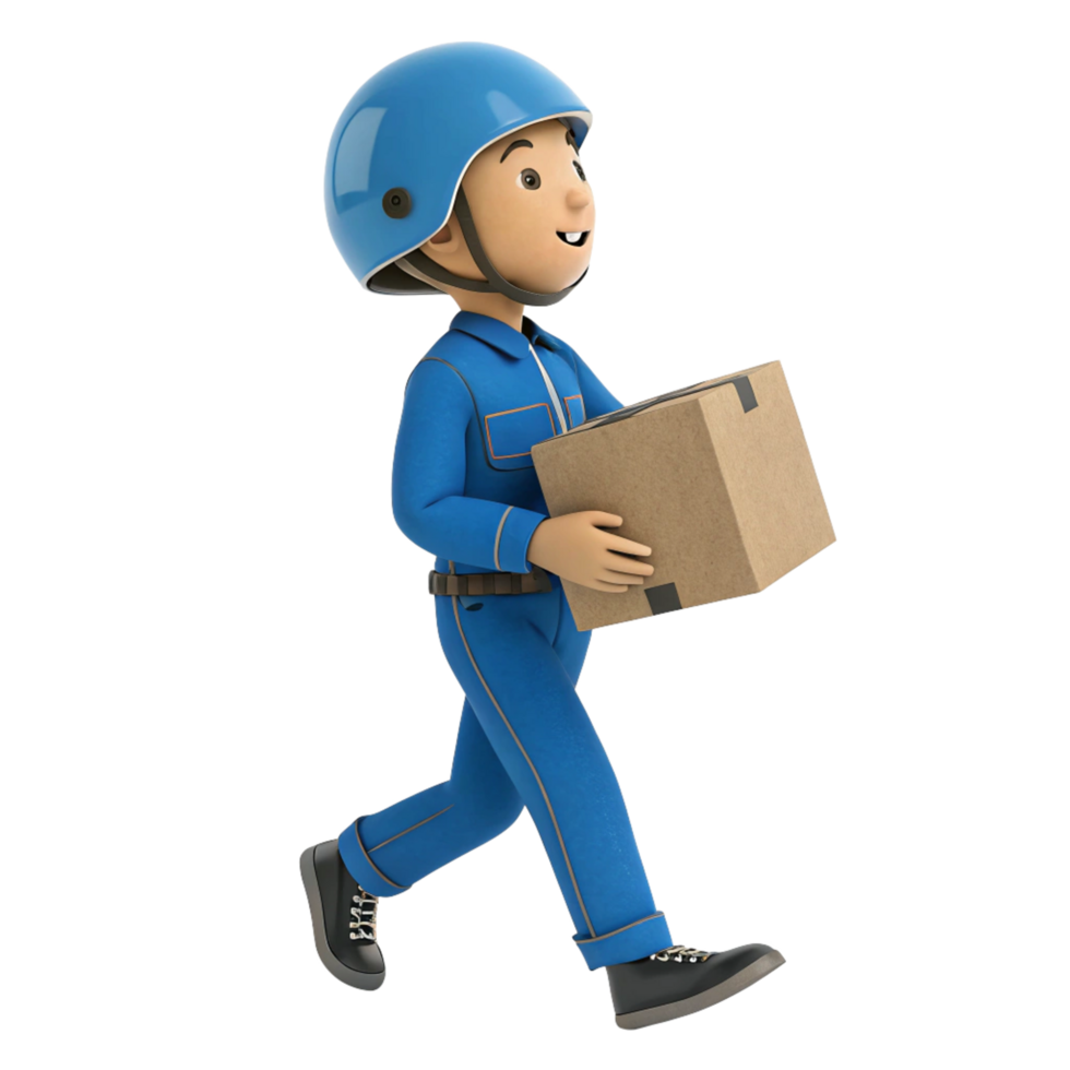 A cheerful 3D animated delivery worker in blue uniform carries a cardboard box png