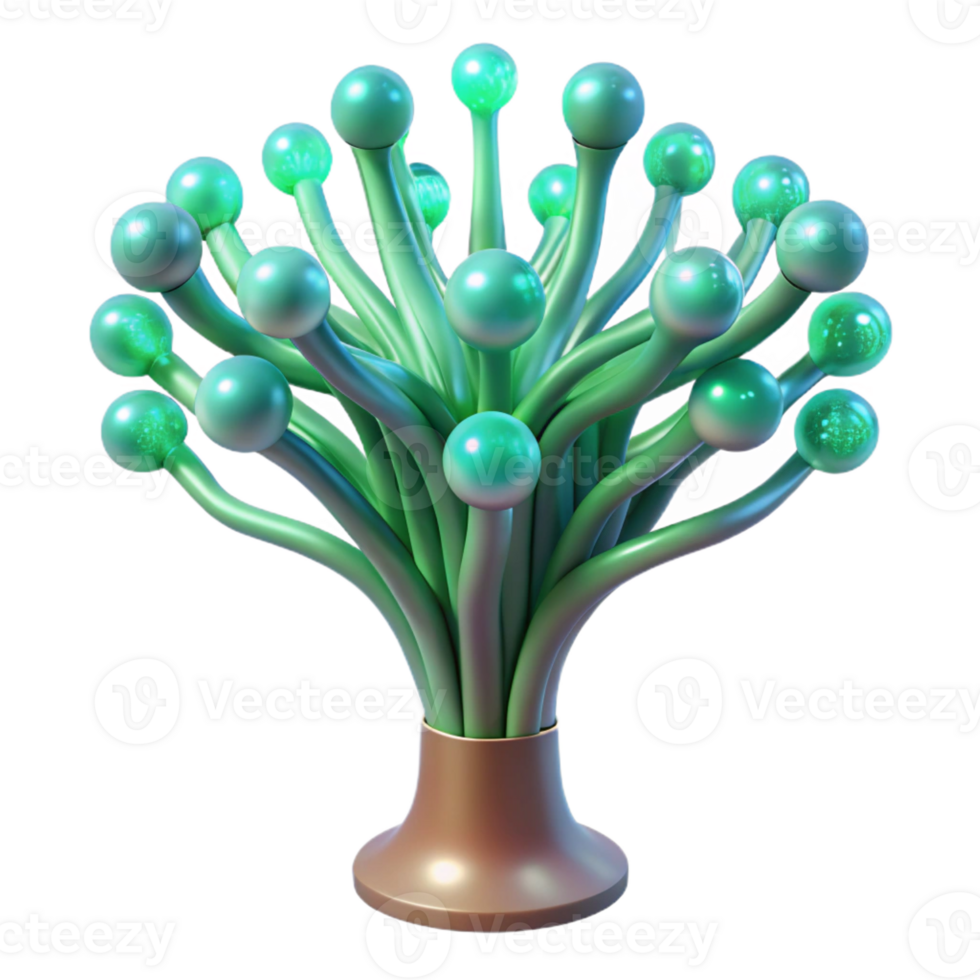 serene modern A futuristic, bioluminescent tree with branches made of fiber optic cables, emitting a soft, green glow, in a surreal, fantasy style original png