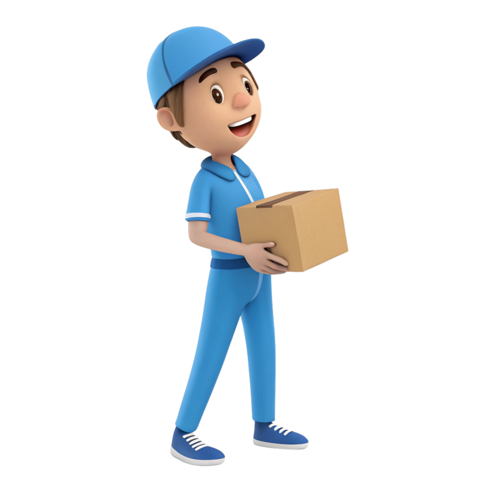A happy cartoon delivery boy carries a cardboard box while walking png