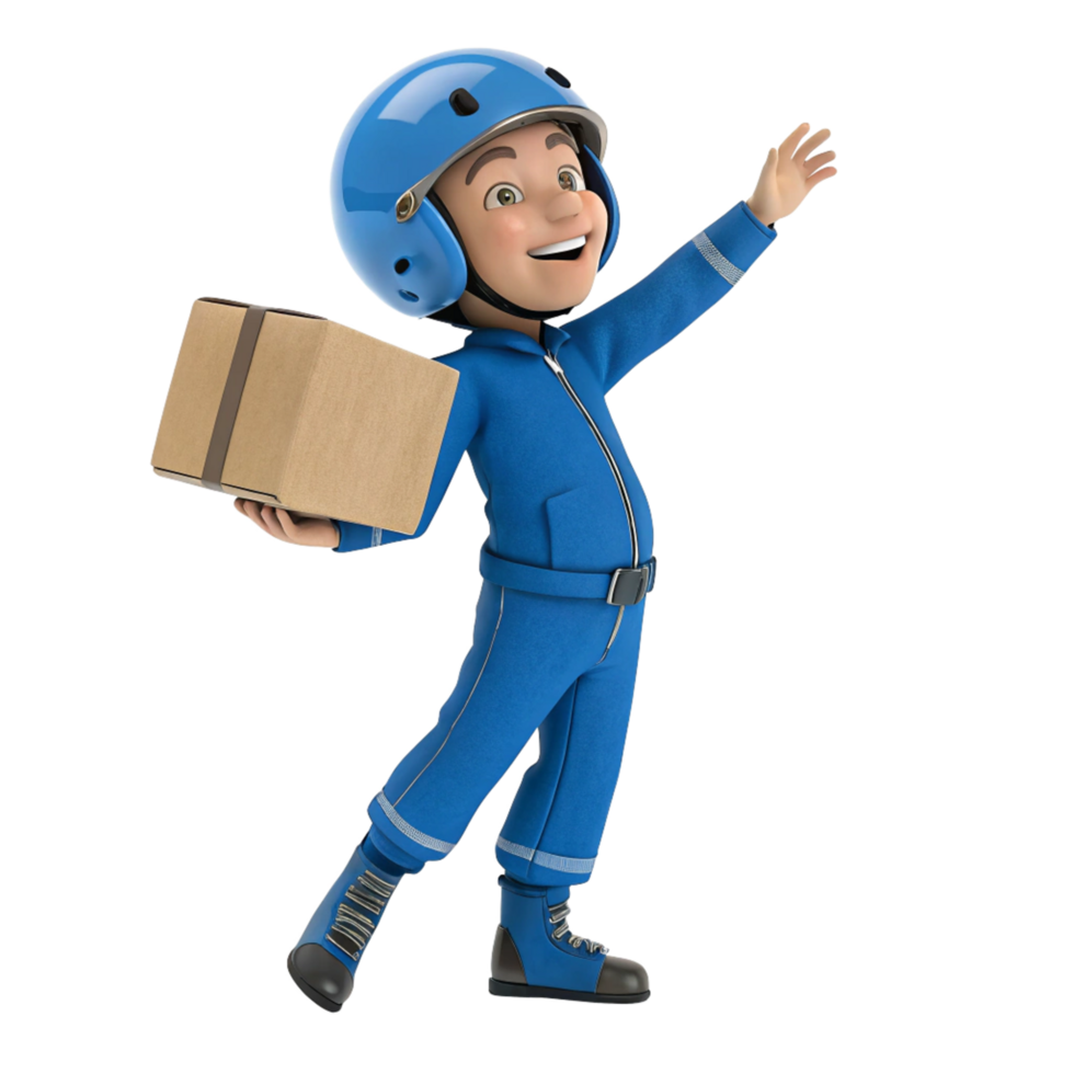 A cheerful 3D animated delivery boy in blue uniform carrying a package png