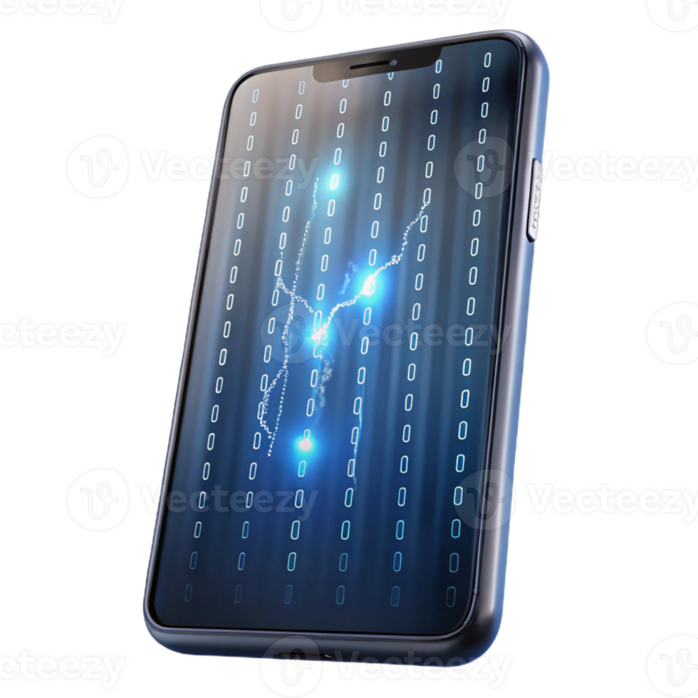 beautiful traditional A cracked smartphone screen displaying a binary code rainfall, illuminated by a dim, backlight bleed exclusive png
